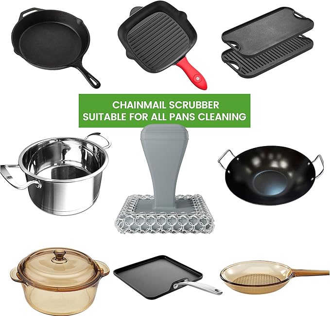 TOPULORS Cast Iron Scrubber Cleaner & 316L Stainless Steel Chainmail Scrubber with 2 Scrapers, Ergonomic Silicone Handle Brush for Pans Skillets Grills Dishes Cleaning - Non-Scratch Rust-Proof - Gray
