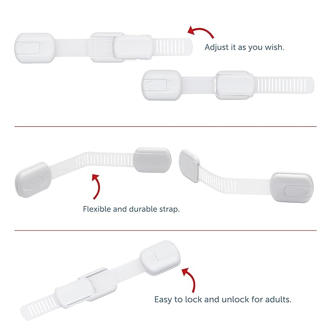 Child Safety Cabinet Locks (2 Pack) – Adjustable Baby Proofing Strap Latches with Strong 3M Adhesive – No Drill Childproof Locks for Drawers, Cabinets, Fridge, Door, Closet, Grey