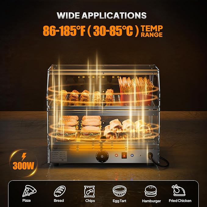 Bonnlo Commercial Food Warmer Display Pizza Warmer, 2-Tier Electric Countertop Food Warmer with LED Acrylic Door Removable Shelves Temp Control, Food Display Warmer for Buffet Restaurant, 120V 300W