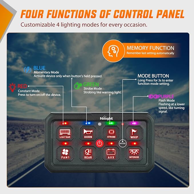 Nilight 8 Gang Switch Panel Red Circuit Control Relay System with Fuse Wiring Harness Toggle Momentary Strobe Flash Modes Automatic Dimmable ON Off Pod 12V 24V for Car Truck Camper SUV
