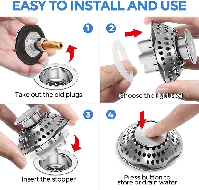 zaa 2 in 1 Bathtub Drain Stopper & Hair Catcher Pop-Up Plug | Upgraded Silver - Image 6
