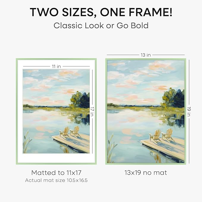 Homeforia 13x19 Picture Frame Sage Green, High End Metal 13x19 Poster Frames with Mat 11x17 inch Photo, 13 x 19 Sage Green Frame Matted to 11 by 17 Art, 19x13 Frame, Tempered Glass, Wall Kit, Set of 2