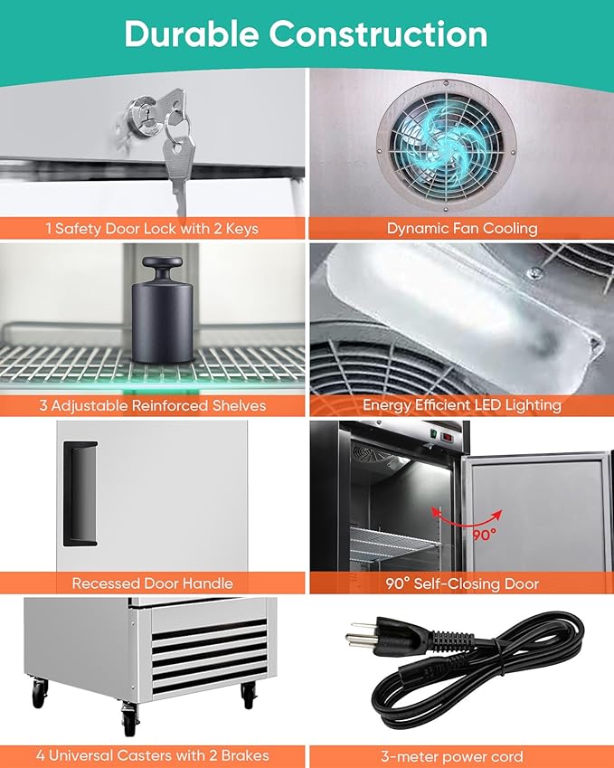 COOLCHEF 27" Commercial Refrigerator, 23 Cu. Ft Stainless Steel Upright Reach-in Fridge, 33℉~40℉, 3 Adjustable Shelves