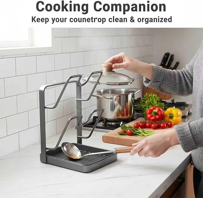Kitchen Pot Lid Storage Rack, Pot Lid Holder With Tray, Lid Holder While Cooking, Lid And Spoon Rest, Multifunctional Kitchen Organizer Stand for Stove Top