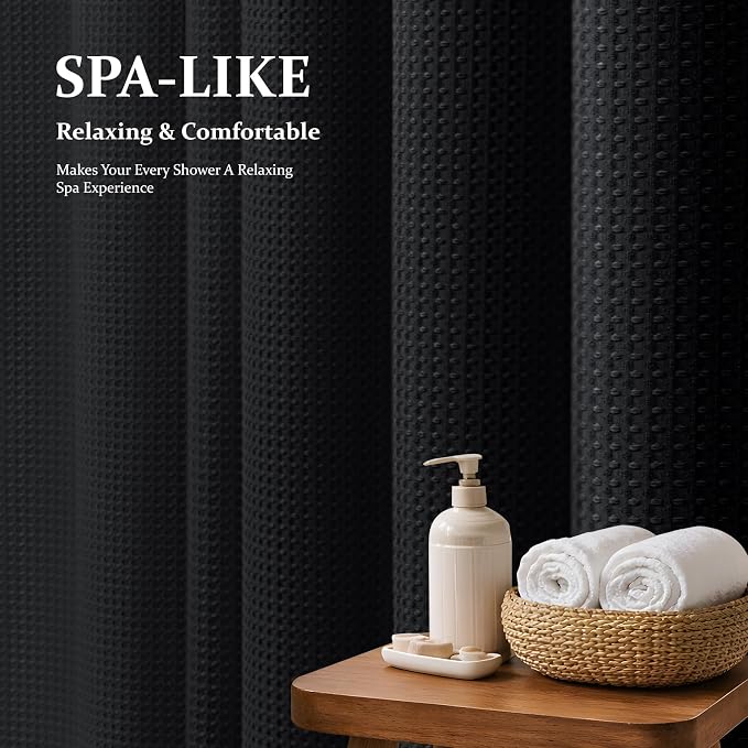 Dynamene Stall Waffle Shower Curtain 256 GSM Heavy Fabric 60x84 Black - Image 3