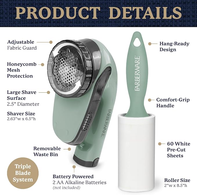 Farberware Fabric Shaver & Lint Roller Set, Portable | Sticky sheets lift pet - Image 6
