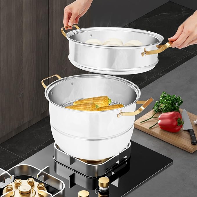 Steamer 32cm/12.6in, 3-tier Stainless Steel Steam Cooker w/Visual Lid & Golden Handles, Home Round Stackable Multipurpose Steam Pot for All Stoves (1xBottom Pot, 1xSteaming Basket, 2xSteaming Slices)