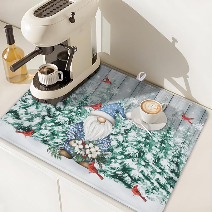 Giwawa Winter Gnome Dish Drying Mat Pine Tree Dishes Pad 18"x24" Microfiber - Image 7