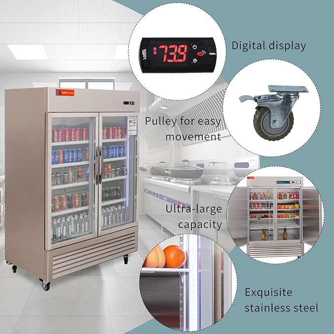 WESTLAKE 54" W Commercial Display Refrigerator 2 Glass Door Merchandiser 2 Section Stainless Steel Reach-in Glass Door Upright Fan Cooling 49 Cu.ft Cooler for Restaurant, Bar, Shop, etc