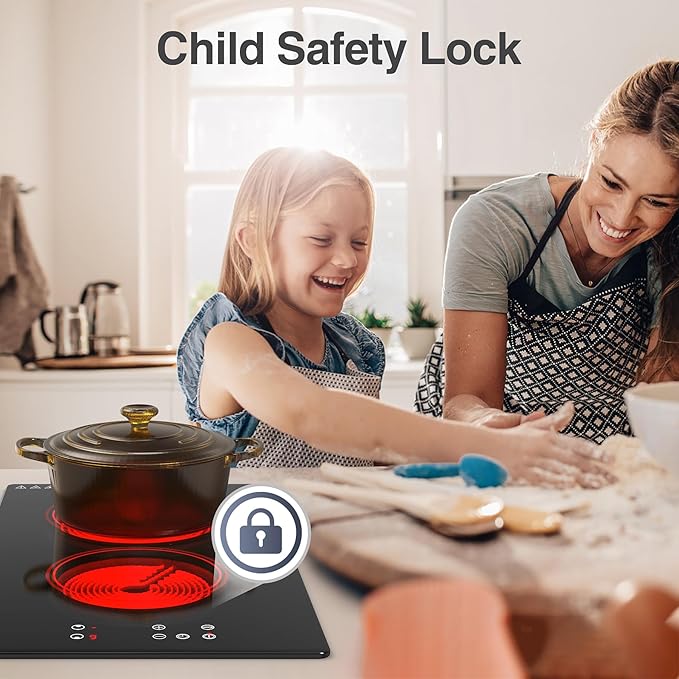 Electric Cooktop,Built-in and Countertop Electric Stove Top, 2100W 110V Electric Burner 9 Heating Level, Timer & Kid Safety Lock, Sensor Touch Control 2 Burner Electric Cooktop.