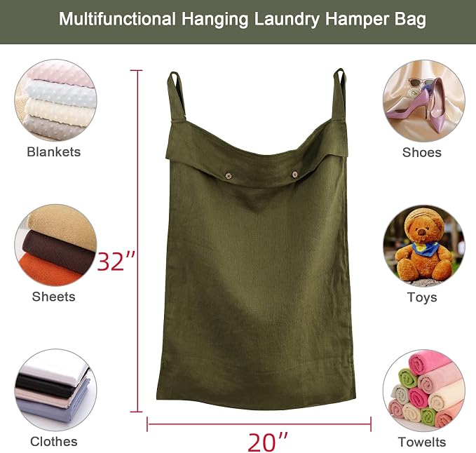 Linen Hanging Laundry Bag, 100% Linen Over The Door Laundry Hamper - Image 2