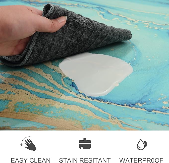 MAYHMYO Kitchen Rugs and Mats Set of 2 Teal Marble Gold Anti Fatigue Mat PVC Non Slip Turquoise Foam Cushioned Kitchen Mats for Floor,17.3 x 29 x 0.4 inch + 17.3 x 59 x 0.4 inch