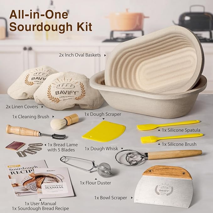 Wood Pulp Banneton Bread Proofing Basket Set, Banneton Basket Kit, Sourdough Bread Baking Supplies Making Tool (Oval Banneton Basket Set)