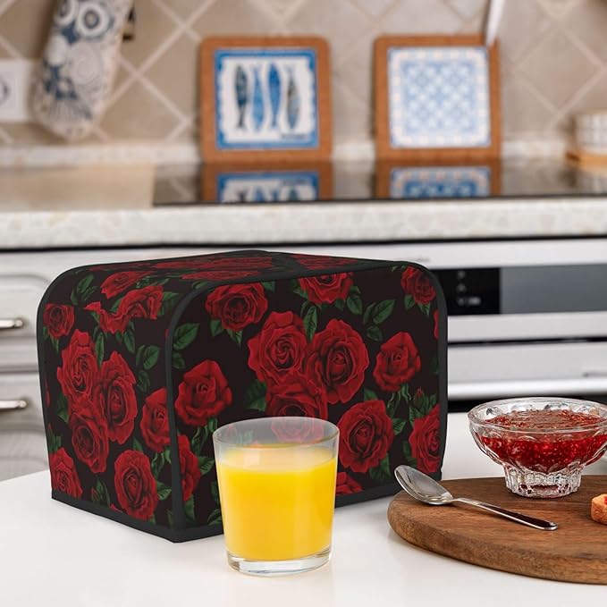 Red Black Rose Flower 2 Slice Toaster Cover, Waterproof Toaster Dust Cover Bread Maker Protective For Small Kitchen Appliance Dining Room Home Table Decor Gifts