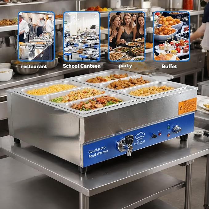 6 Pan Commercial Food Warmer, Electric Bain Marie Countertop Stainless Steel Buffet Steam Table for Catering and Restaurants(6×1/3 GN Pan,120V/1700W)