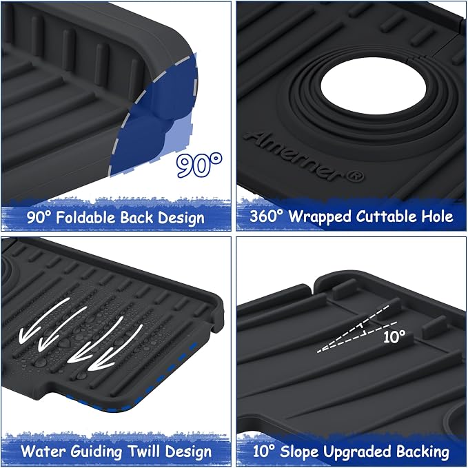 Amerner Kitchen Sink Splash Guard, 10° Large Slope & Adaptable Hole Faucet Mat - Image 9