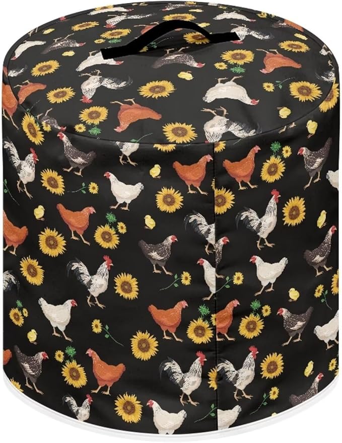 Insulated Pressure Cooker Appliance Cover, Also Fit for Rice Cooker, Air Fryer and Crock Pot, 6 Qt Dust Cover with Pocket for Spoon/Cooking Utensils/Recipes, Chicken Sunflower Black