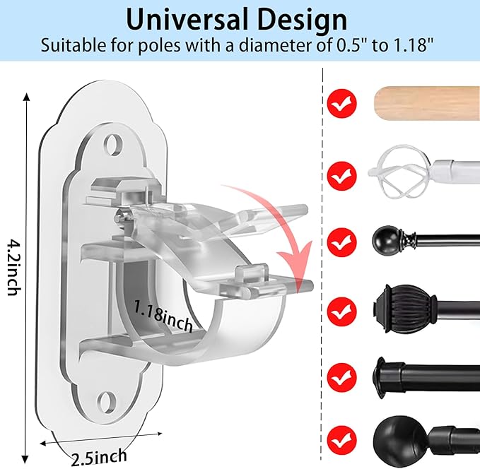 No Drill Curtain Rod Brackets， No Drill Needed Curtain Rod Holders, Adhesive - Image 2