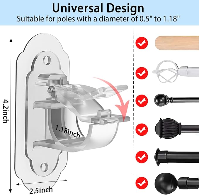 No Drill Curtain Rod Brackets， No Drill Needed Curtain Rod Holders, Adhesive - Image 2
