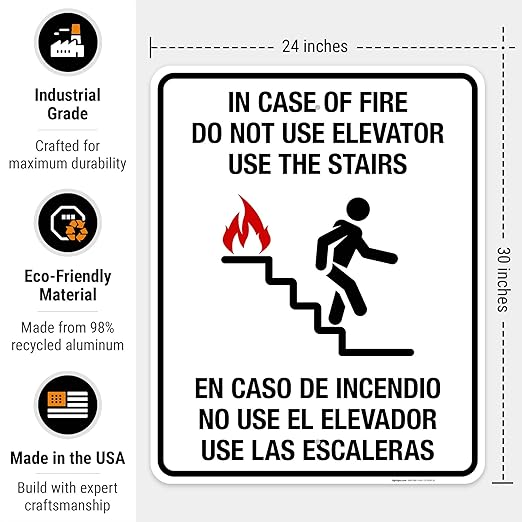 in Case of Fire Do Not Use Elevator Use The Stairs Bilingual Sign, Fire Safety Sign, 24x30 Inches, 55 mil Thick HDPE (high Density polyethylene), Made in USA