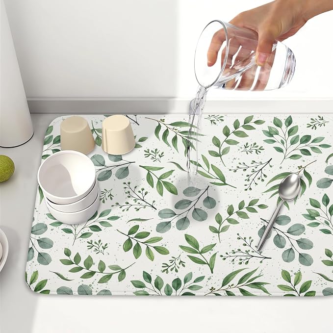 Kawani Sage Green Dish Drying Mat 18x24 In Absorbent Reversible Eucalyptus - Image 6