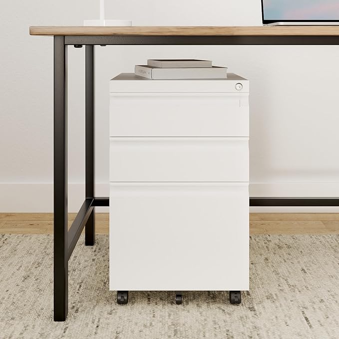 3 Drawer Vertical File Cabinet, Mobile Filling Cabinet with Lock for Legal/Letter Size, Pre-Built Office Storage File Cabinet with Wheels Under Desk - Fully Assembled