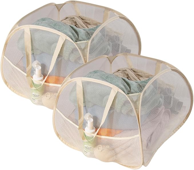 Collapsible Laundry Basket 90L, Mesh Pop-up Hamper, Side Storage Pocket by LUANMEET