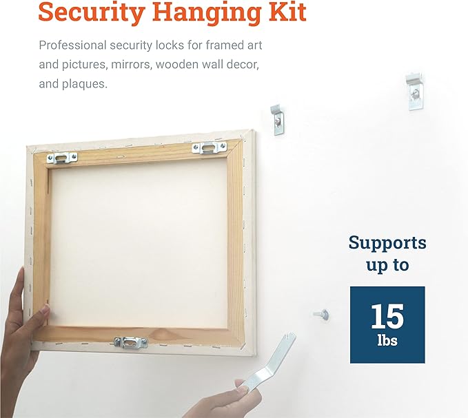 Frame Lock Security Hanging Kits with T-Head Screws - Anti-Theft Security Lock Hangers for Art in Museums, Art Galleries, Hotels and Restaurant - Supports Up to 15 Pounds - Hangs 100 Pictures
