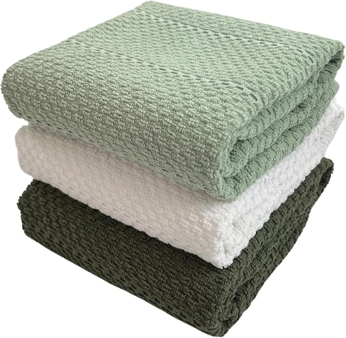 Sage White Dark Green Kitchen Dish Towels, 100% Cotton by SerafinaHome