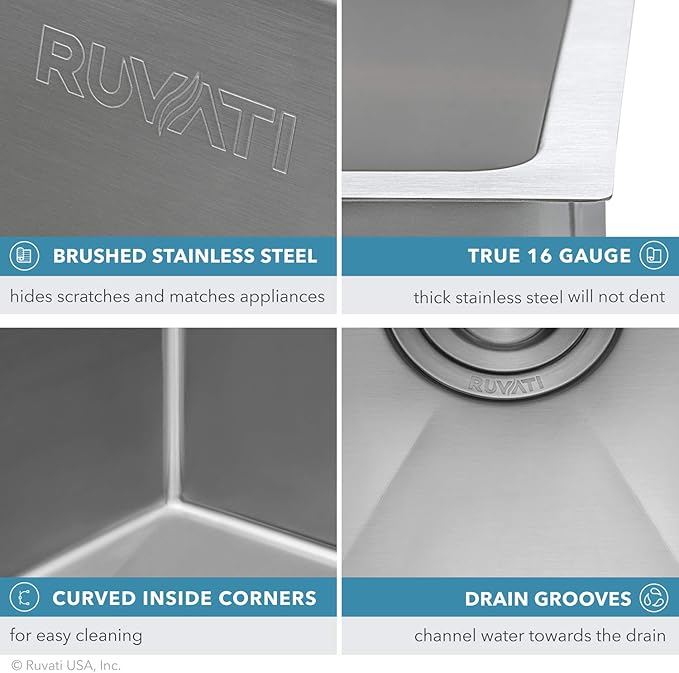 Ruvati 30-inch Rounded Corner Undermount Kitchen Sink Single Bowl – 16 Gauge Stainless Steel Kitchen Sink with Accessories and Brushed Finish hides scratches, Easy-to-Clean Undermount Sinks - RVH7300