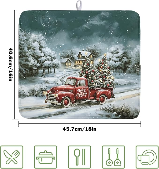 Merry Christmas Decorations Dish Drying Mat 16x18 Inch | Red Truck Xmas Tree - Image 2