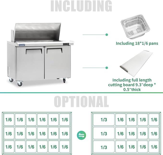 ICECASA 48" W Commercial Refrigerator Sandwich&Salad Prep Table Mega Top single Door Stainless Steel Counter Fan Cooling Refrigerator with 18 pans-48 Inches for Restaurant, Bar, Shop, etc