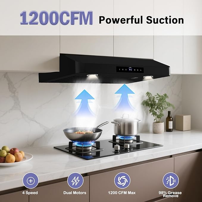30 Inch Under Cabinet Range Hood,1200CFM Vent Hood with Powerful Suction,4-Speed Exhaust Fan,Stainless Steel Ducted Kitchen Hood Extractor with Led Lights,Smart Touch Panel,15S-E30BK