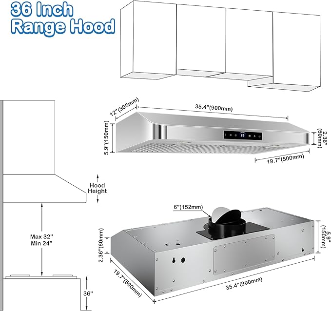 36 inch Under Cabinet Range Hood 1200 CFM with 4-Speed Gesture Sensing & Touch Control, Stainless Steel Kitchen Stove Vent Hoods with 2 LED Lights, Time Setting, Dishwasher-Safe Baffle Filters