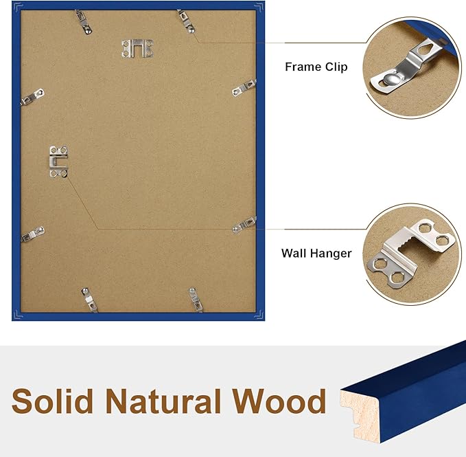 Vittanly 11x14 Picture Frame Set of 2, Solid Wood Frame for Wall Art Photo and Prints, Display Photo 8x10 with Mat or 11x14 without Mat, Royal Blue