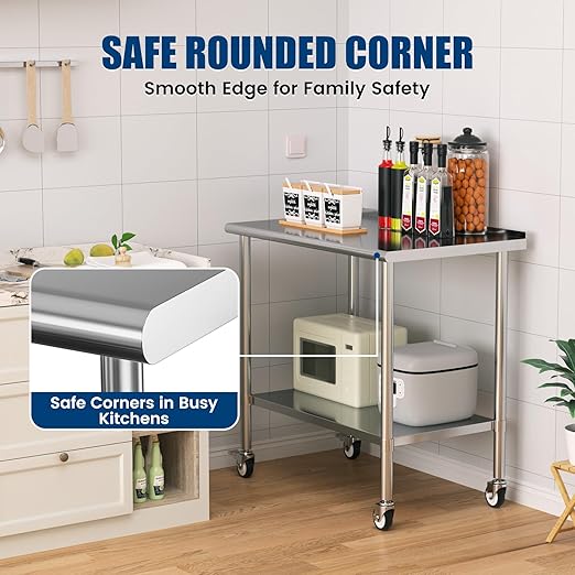 Stainless Steel Work Table with Wheels, 24x48 Inch NSF Kitchen Prep Table with Adjustable Undershelf for Commercial Restaurant, Garage, Outdoor BBQ
