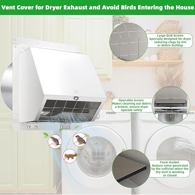 6 Inch Hooded Wall Vent with Screen and Damper,Dryer Vent Cover Outside Exhaust Vent Cover Cap,Wall Mount Extractor Vent Exterior Wall Vent Hood for House Range Hood Laundry Bathroom Fan Duct Air Vent