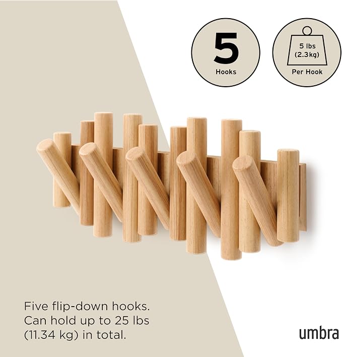 Umbra Picket Coat Rack, Wall Mount 5 Flip-Down Coat Hooks, Natural | Beveled - Image 5
