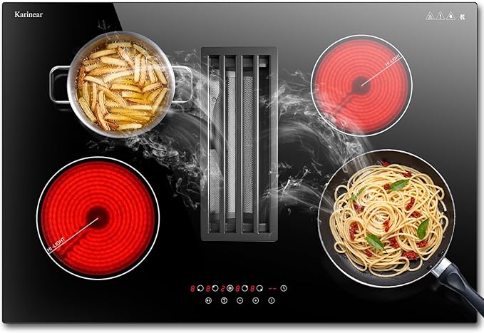Karinear 30 Inch Electric Cooktop with Downdraft Range Hood, 4 Burners Glass Radiant Stovetop 240V Hardwired, 9 Power Levels, Timer, Pause, Child Lock, 3-Speed Exhaust Fan(No Exhaust Pipe Required)