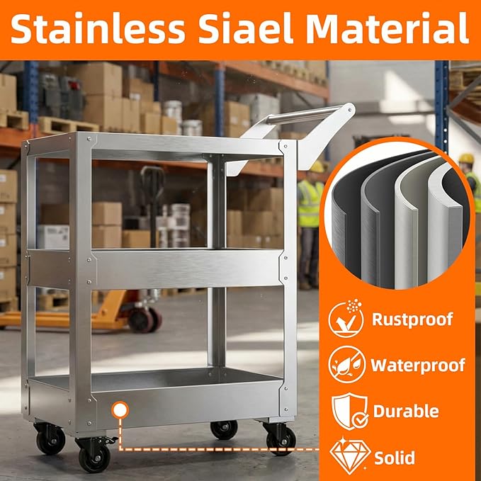 3-Tier Gauge Stainless Steel Multi-Functional cart, 1100-pound Heavy-Duty Wheeled Service cart, Wheeled Rolling Tool cart, Suitable for Mechanics, garages, workshops, Warehouses