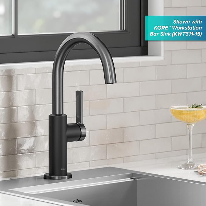 Kraus Oletto Single Handle Kitchen Bar Faucet in Matte Black/Spot Free Black - Image 2