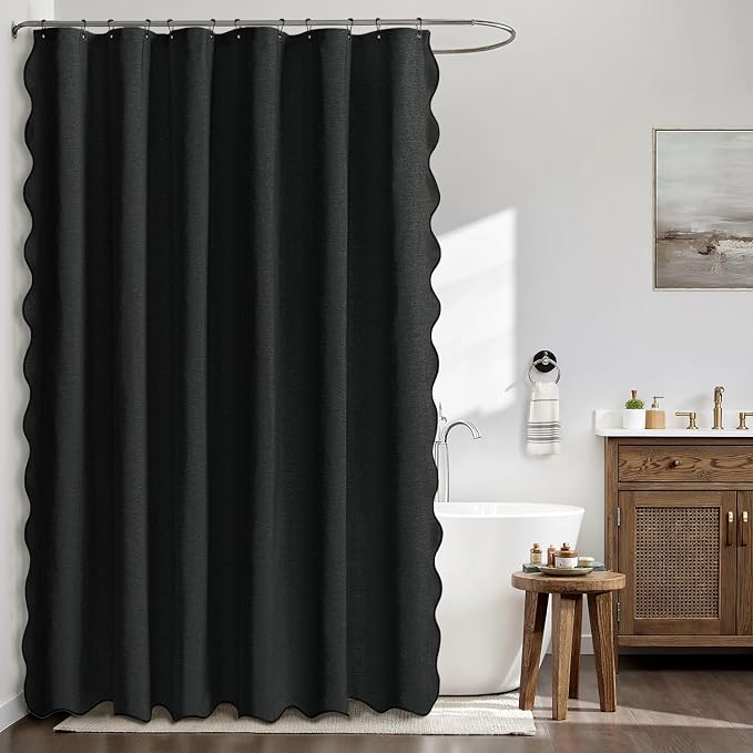 MIULEE 72"x90" Extra Long Scalloped Linen Shower Curtain Black - Image 2