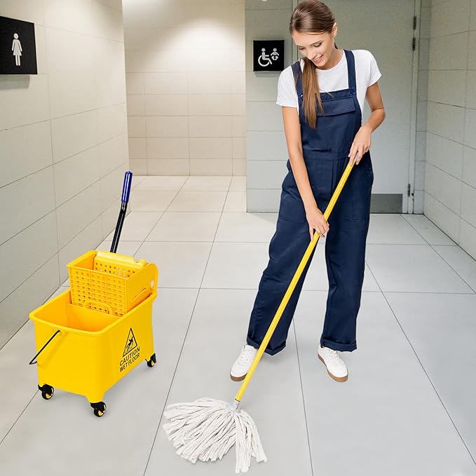 ARLIME Mop and Bucket Set with Wringer On Wheels, 21 Quart Capacity Portable Wringer Trolley on Wheels, Side Press Floor Cleaning Wavebrake w/Handle, Mop Bucket for Home, Commercial, Restaurants