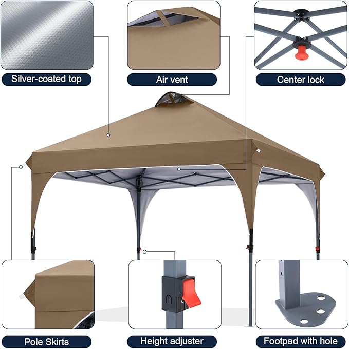 COOSHADE Pop Up Canopy Tent, 10x10 Easy Setup Instant Canopy Sun Shelter Beach Tent, Portable Sports, Khaki