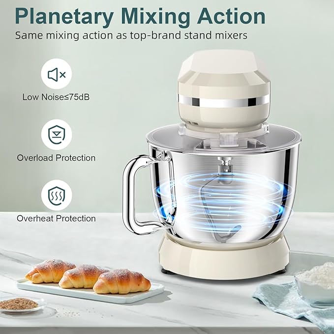 HOWORK Electric Stand Mixer,10+p Speeds Kitchen Mixer With 6.5QT Stainless Steel Bowl,Dough Hook, Wire Whip & Beater,for Most Home Cooks White
