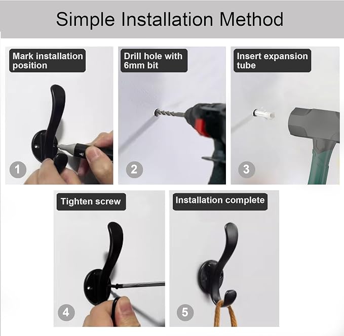 7PCS Black Heavy Duty Double Wall Coat Hooks - Image 7