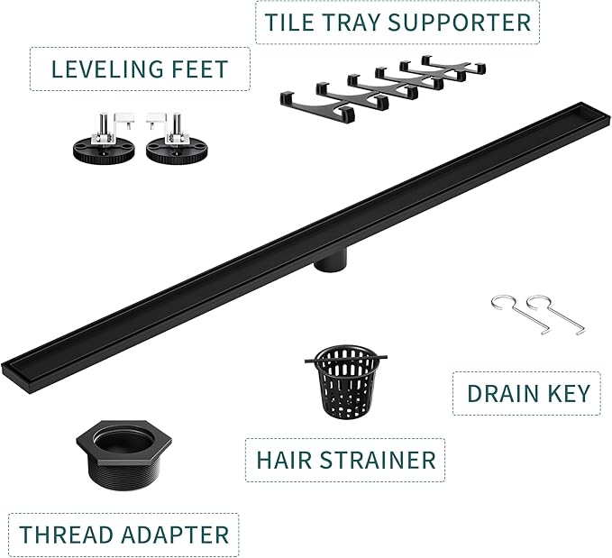 Linear Shower Drain 48", Matte Black Floor Drain with Tiled Insert Grate & Hair Strainer, 304 Stainless Steel Bathroom 2-in-1 Tiled in Drain, CUPC Certified (Matte Black, 48'')
