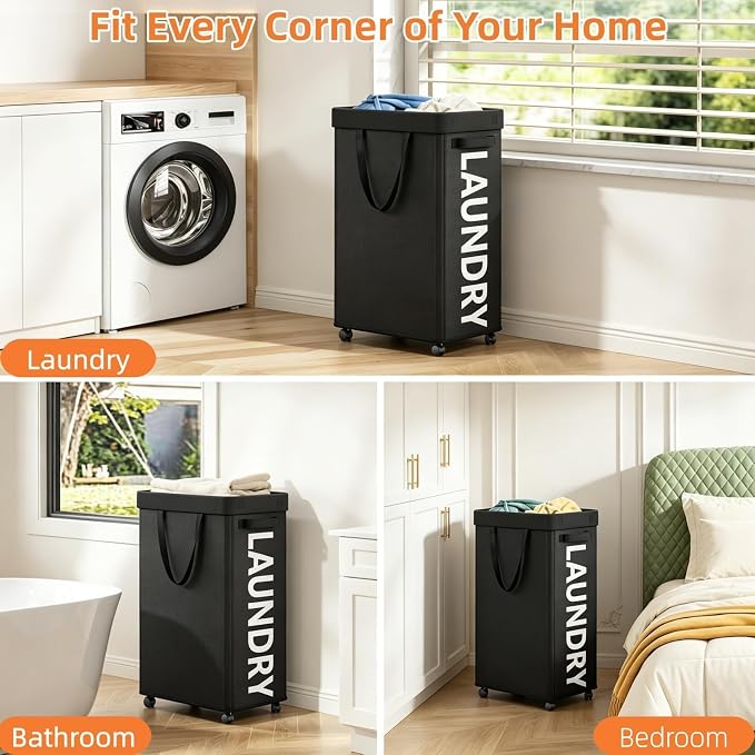 Optish 90L Laundry Basket with Wheels, Rolling Hamper with Removable Bag - Image 7