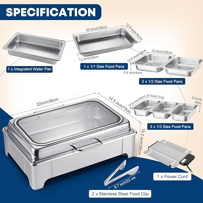Electric Chafing Dish Buffet Server Set, Stainless Steel Full Size & Half-Size &Three-Section Food Pan with Temp Control, Roll Top Stainless Steel Food Warmers for Catering Buffet (A-01)