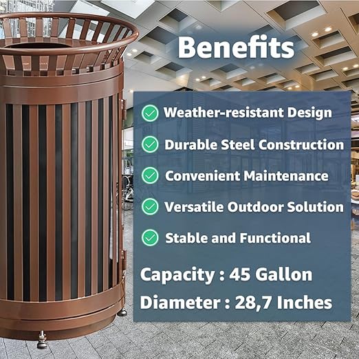 45 Gallon Brown Trash Can with Flat Lid & Door, Outdoor Heavy-Duty Commercial Waste Bin Steel Slatted, Round Recycle Container, Durable Garbage Can for Parks, Municipalities, Schools, Parking